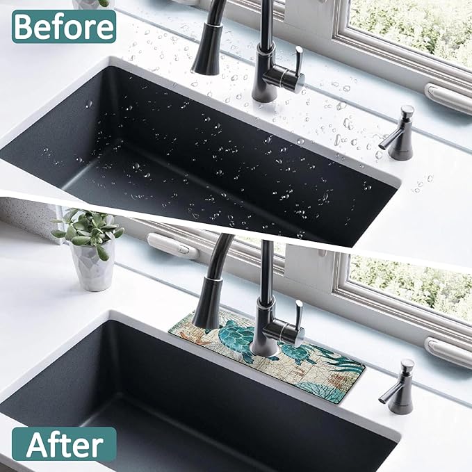 2 Pack Kitchen Sink Splash Guard Faucet Mat 15" X 5.5" Sea Turtle Absorbent Fast Drying Mat Faucet Draining Mat Sink Splash Guard Behind Faucet Drip Catcher for Kitchen Bathroom