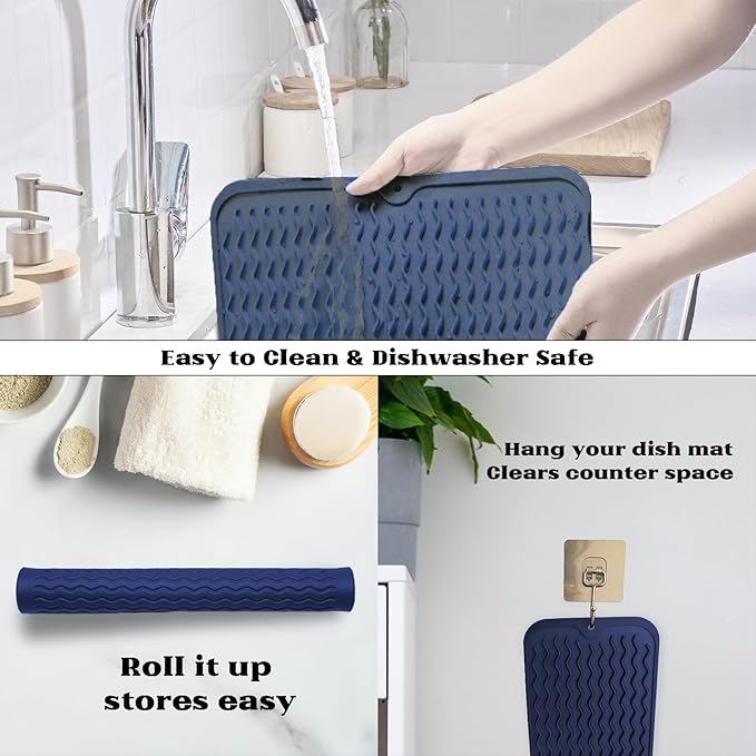 ZLR Silicone Dish Drying Mat 12" x 12" Square - Small Heat Resistant Trivet & Countertop Protector for Air Fryer, Coffee Maker - Waterproof Kitchen Drain Pad for Cups, Fruit (Midnight Blue)