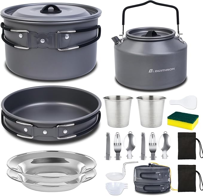 22-Piece Camping Cookware Set | Bare Hard-Anodized Aluminum Mess Kit with 3.1L Large Pot & 1.6L Camping Kettle | Uncoated Camping Kitchen Supplies & Backpacking Camping Kit
