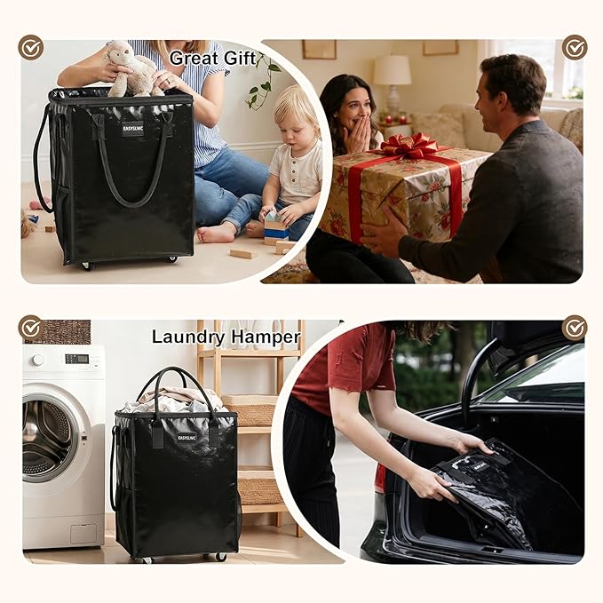 Reusable Hauler Rolling Tote Bag, Collapsible Portable Shopping Cart with Wheels for Groceries, Apartments Laundry, Organization , Heavy Duty Utility Tote, Basket with Wheels, Travel and Moving, 75lbs