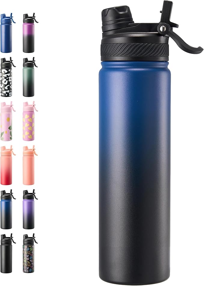 Fijinhom 24 oz Insulated Water Bottle, 2-in-1 Straw and Spout Lid Stainless Steel Thermos, Leak-Proof, Double Wall Vacuum Flask, Keep Cold 24H for Outdoor, Sports, Travel, School (Blue&Blck)