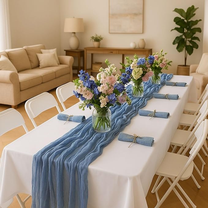 12 Pack Dusty Blue Cheesecloth Table Runner – 10FT Gauze Boho Table Runners for Wedding, Baby Shower, French Blue Bridal Party, Rustic Vintage Event Decor