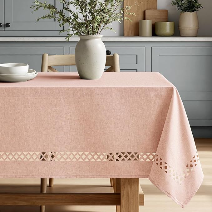 MIULEE Pink Rectangle Linen Polyester Tablecloth with Decorative Cutouts Spring Waterproof Stain Resistant & Shrink-Proof Table Cloth 60x84 inch Farmhouse Style for Dining Wedding and Outdoor