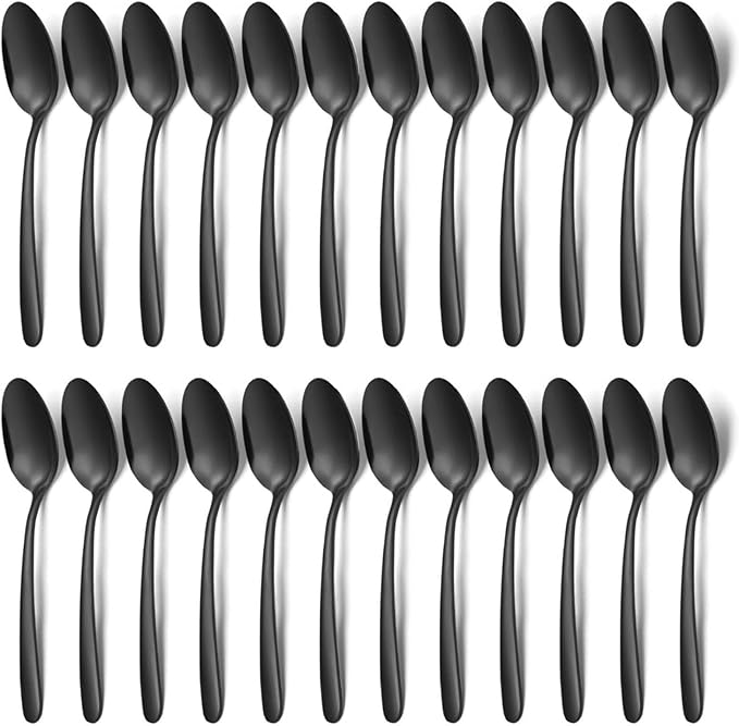 Unokit 24-Piece Tea Spoons Set Silverware - 7.4 inch Stainless Steel Spoon, Dessert, Table, Silverware Spoons Only for Home, Kitchen or Restaurant - Mirror Polished, Dishwasher Safe, Black