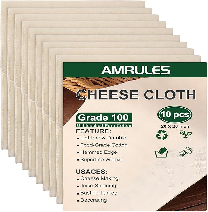 Amrules Cheese Cloths for Straining, 10PCS 20x20 Inch Grade 100 Cheese Cloth, Reusable Washable Unbleached Pure Cotton Cheesecloth for Cooking and Cheese Making with Hemmed Edge