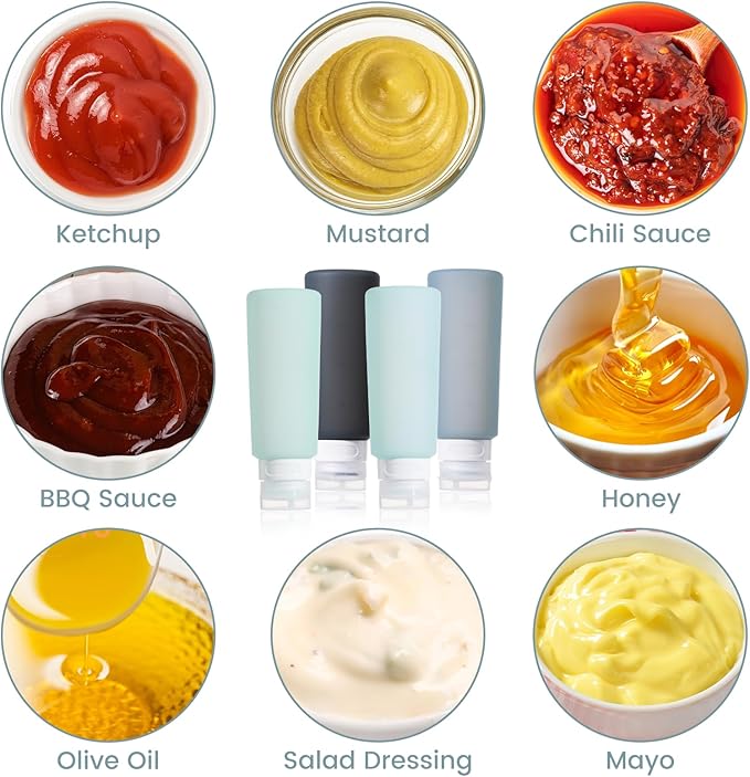 MICEBAY Condiment Squeeze Bottles for Sauces, 6-oz Mini Silicone Salad Dressing Container to Go with Reusable Sandwich Bag, Leakproof Sauce Bottle for Lunch Box, 4 Pack, Gray