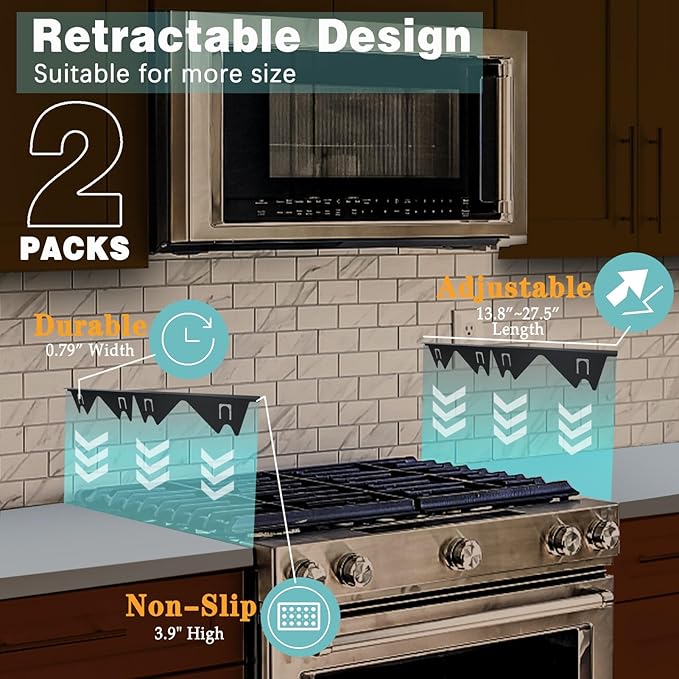 Stove Gap Covers Stainless Steel, 2 Pack Stove Gap Filler Easy Retractable Length 13.8" to 27.5", Width 0.79" ALMCALS Stove Gap Guards Range Trim Kit, Heat Resistant Guard Between Stove Top & Counter