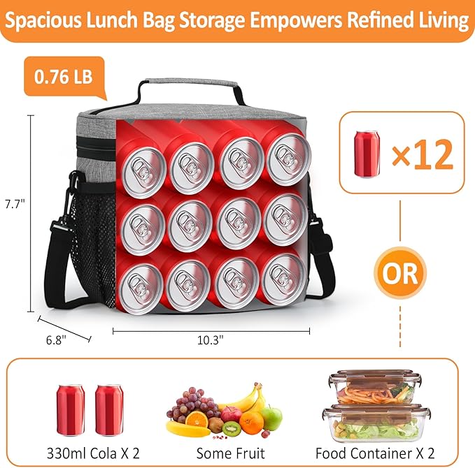 Vankor Insulated Lunch Bag for Men Women, Reusable Lunch Box Leakproof Cooler Lunch Tote Bag with Adjustable Shoulder Strap for Work Office Picnic Beach Travel, Cationic Light Grey