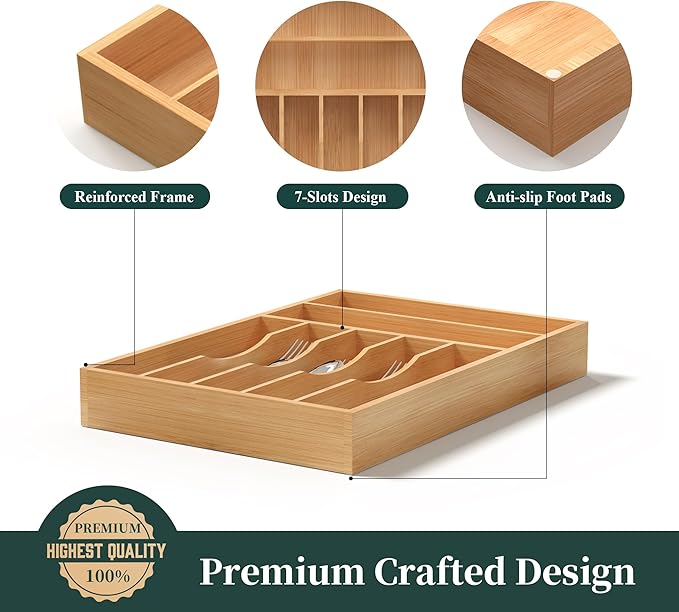 Silverware Organizer, Bamboo Kitchen Drawer Organizer, Utensil Holder, Cutlery Tray & Spoon Flatware Storage with Grooved Drawer Dividers (11''W x 16''D)