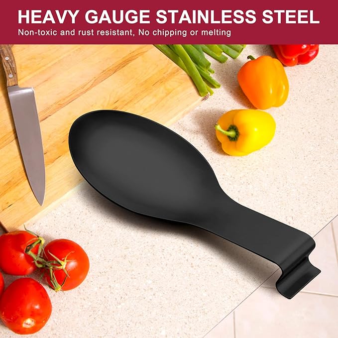 Spoon Rest Set of 2, E-far Matte Black Stainless Steel Spoon Ladle Holder Spatula Rest for Kitchen Stove Top, Large Size & Dishwasher Safe