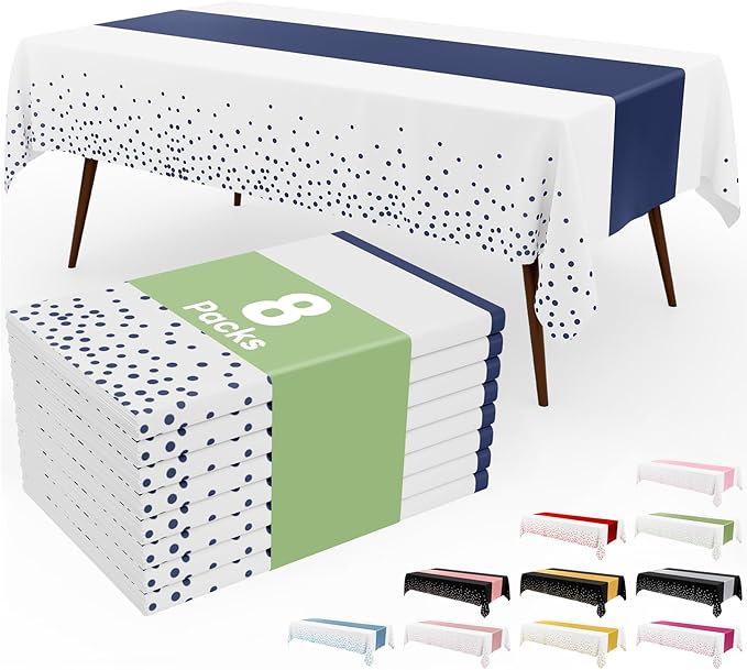 Smiry Plastic Table Cloth Disposable 8 Pack, 54 x 108 Inch Rectangle Waterproof Tablecloth, Printed Gold Table Runner Style for Birthday Weeding, Party Decorations, Leakproof & Sturdy, White and Navy