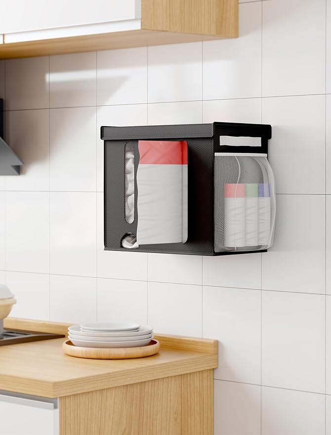 NiHome 2-in-1 Nonwoven Fabric Trash Bag Dispenser & Grocery Bag Holder, Large Adjustable Organizer for 4-33 Gallon Rolls, Wall-Mounted or Countertop Use, Multi-Purpose for Kitchen, Bathroom (Black)