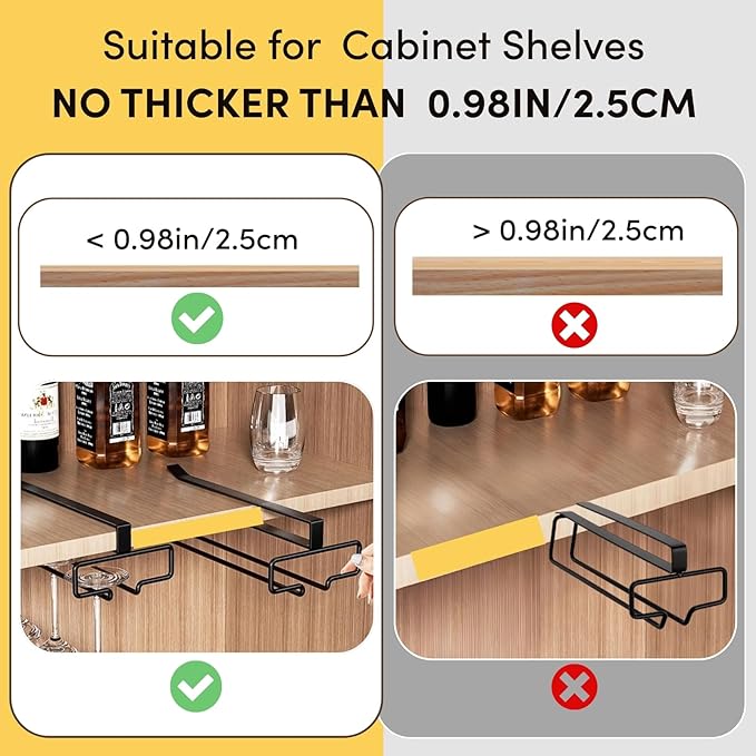 LINFIDITE Wine Glass Holder 2PCS Stemware Rack Hanger Under Cabinet Wine Glass Rack Kitchen Hanging Storage Rack Organizer,Black (For Partition Thickness under 0.98")