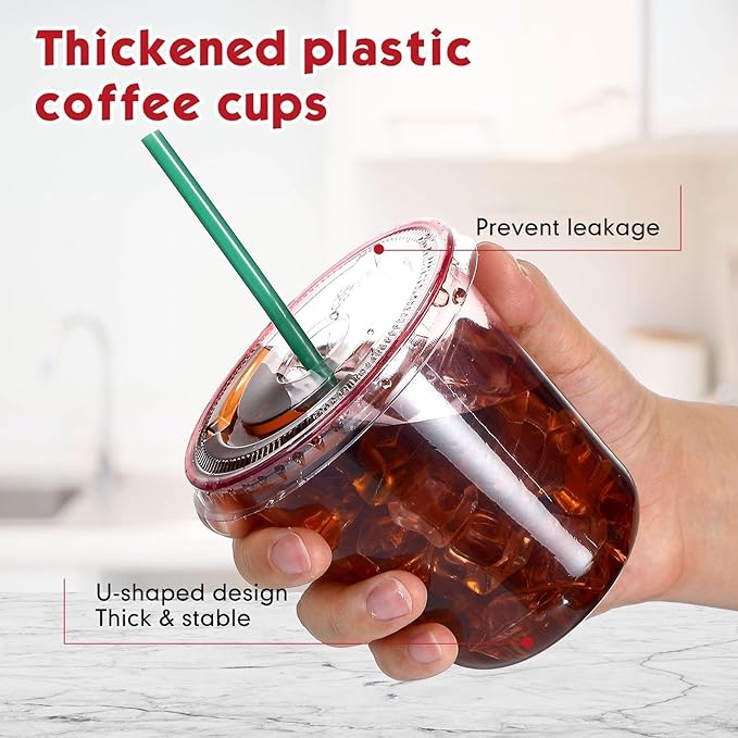 Baderke 25 Set Plastic Cups with Lids and Straws, Disposable Plastic Iced Coffee Cup for Cold Beverage Juice Smoothie Crystal for Coffee Shops Party Catering(Pink,12 oz)