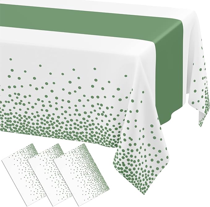 Smiry Plastic Table Cloth Disposable 3 Pack, 54 x 108 Inch Rectangle Waterproof Tablecloth, Printed Gold Table Runner Style for Easter, Birthday, Weeding, Leakproof & Sturdy, White and Sage Green
