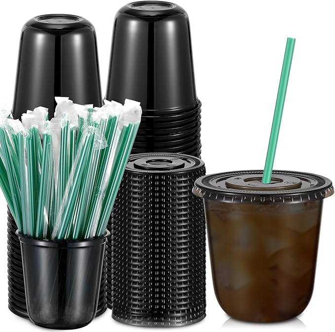 Baderke 25 Set Plastic Cups with Lids and Straws, Disposable Plastic Iced Coffee Cup for Cold Beverage Juice Smoothie Crystal for Coffee Shops Party Catering (Black,12 oz)
