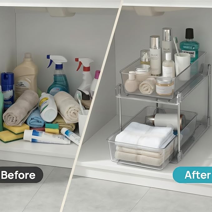 1 Pack Bathroom Organizer,2 Tier Clear Under Sink Organizers Vanity Countertop Storage Container,Cabinet Drawers Bins, Pull-Out Organization with Track for Pantry, Kitchen