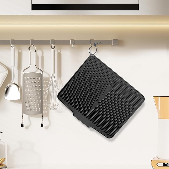 Silicone Dish Drying Mat for Kitchen Counter, Non-Slip Drain Pad, Dish Drying Pad, Easy to Clean Dish Rack Pad, Multi-Use as Heat Resistant Trivet, 19.7" x 17" , Black