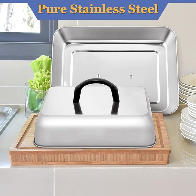 Rectangle Cheese Melting Dome, HaSteeL Stainless Steel Basting Cover for Flat Top Griddle BBQ Steaming Grilling Cooking Indoor & Outdoor, Large 13In & Small 9.3In, Heavy Duty & Dishwasher Safe(2 Pcs)