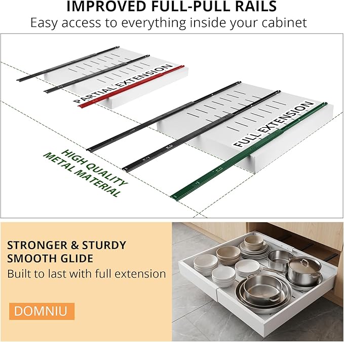 DOMNIU 2 Pack Pull Out Cabinet Organizers Expandable Width (12.4''-20.27''), Metal Slide Out Drawers, Upgrade 3 Slide Rails Sliding Drawer for Kitchen Cabinet Organizer with Adhesive Nano Film, White