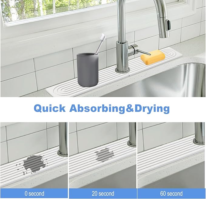 Stone Faucet Mat for Kitchen Sink- 23.6''x 3.9''Diatomite Fast-Drying Faucet Mat, Super Water Absorbing Stone Tray for Sink,Faucet Splash Guard for Bathroom Counter (White)