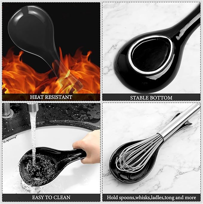 Patelai Ceramic Spoon Rest Spoon Holder Stovetop for Kitchen Stove Coffee Bar Accessories Christmas Gift(Black,Classic Style)