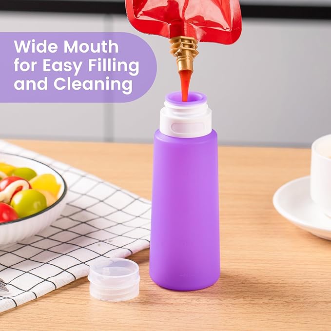 MICEBAY Condiment Squeeze Bottles for Sauces, 6-oz Small Silicone Salad Dressing Container to Go with Snack Storage Bag, Leakproof Sauce Bottles for Lunch Box, 4 Pack, Purple