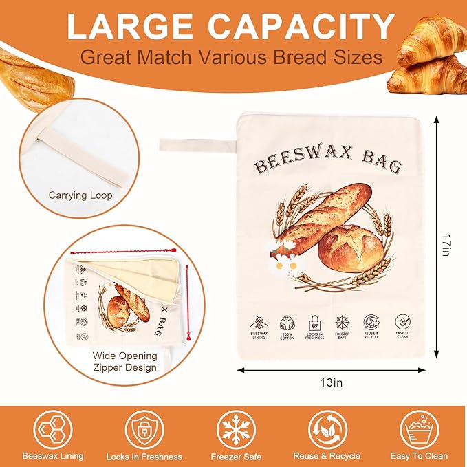2 Pack Reusable Beeswax Bread Bags for Sourdough, Cotton Bread Bag with Wide Zipper Opening & Handle, XL Bread Bags for Homemade Bread, Keeps Bread Fresh Longer