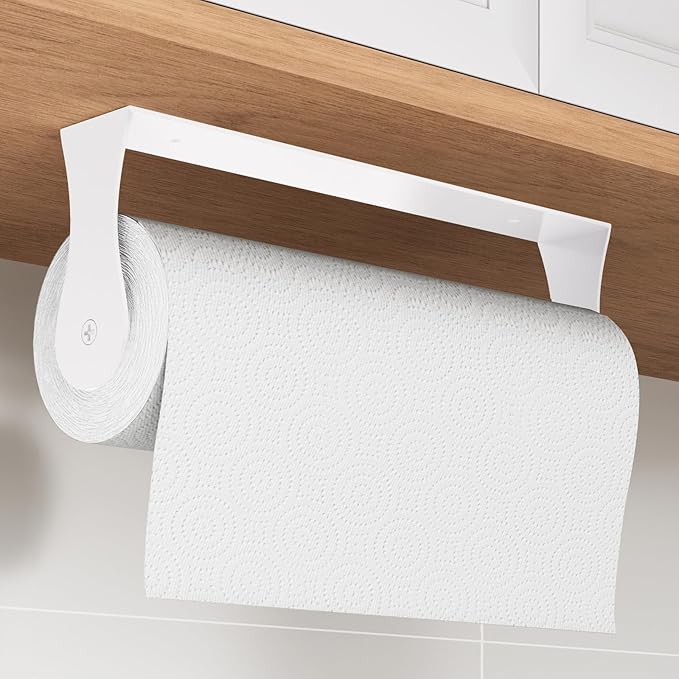 Paper Towel Holder Under Cabinet, White Kitchen Accessories Decor, Wall Mount, White Paper Towel Holder for Bathroom, Stainless Steel, Adhesive or Screws