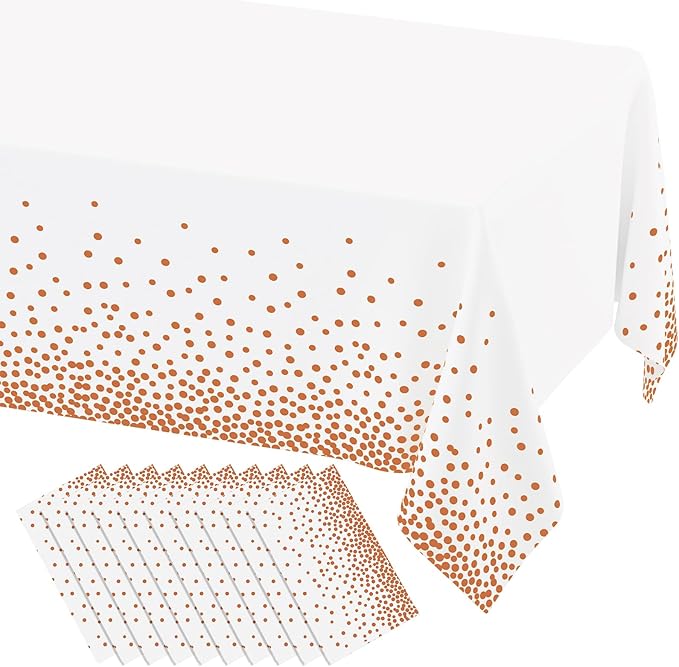 misaya 10 Packs Dot Disposable Table Cloth, 54 x 108 Inch Waterproof Plastic Tablecloth, Rectangle Rose Gold Dots in White Table Covers for Picnic, Birthday, Party