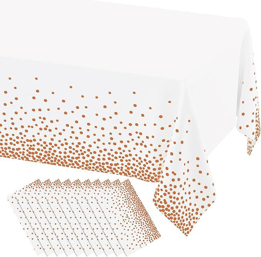 misaya 10 Packs Dot Disposable Table Cloth, 54 x 108 Inch Waterproof Plastic Tablecloth, Rectangle Rose Gold Dots in White Table Covers for Picnic, Birthday, Party