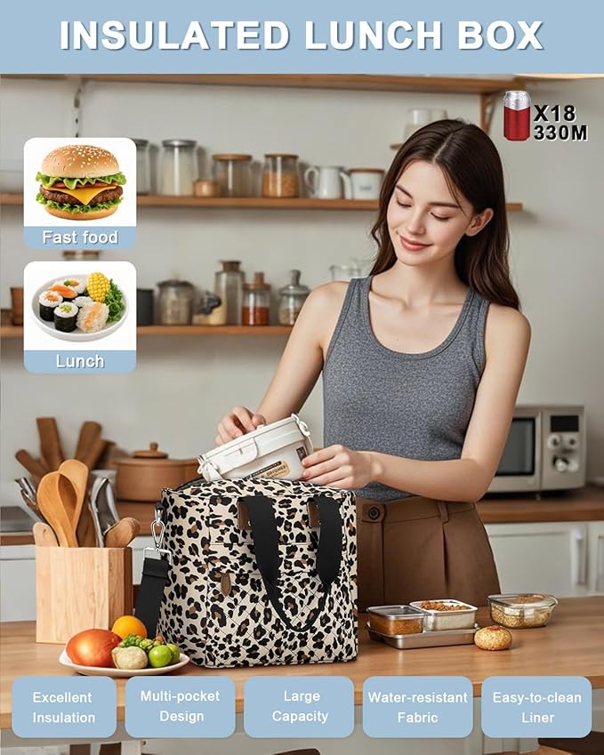 Insulated Lunch Box for Women & Men - Large Thermal Lunch Bag Women with Removable Shoulder Strap, Reusable Lunch Cooler Tote Bags Purse for Adults Work, Picnic, Hiking, Beach, Travel, Medium，Leopard