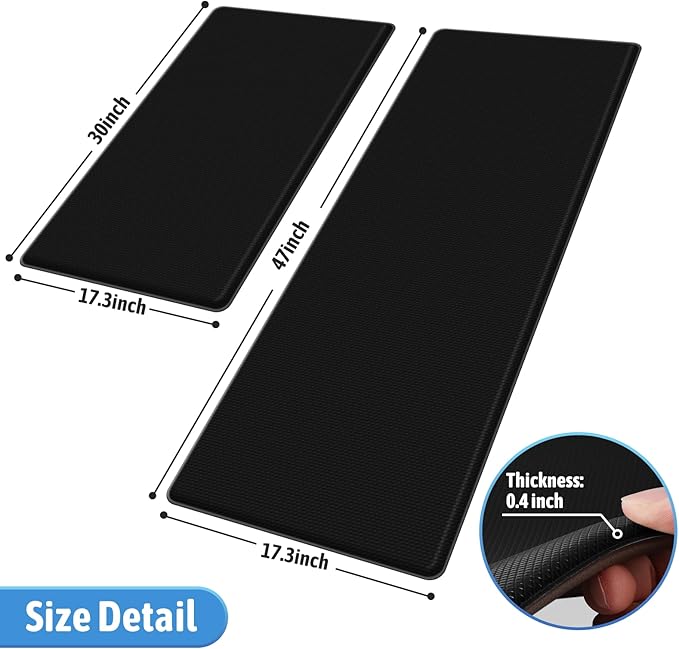 StepLively Kitchen Mat, 2 PCS Kitchen Rugs, Cushioned Kitchen Mats for Floor, Anti Fatigue Kitchen Rug Set, Non-Skid Standing Mat for Kitchen, Office, Sink, 17.3"x30"+17.3"x47", Black