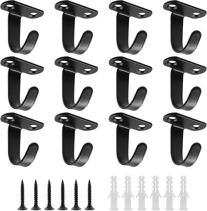 12Pcs Screw Mount Ceiling Hooks Stainless Steel Under-Shelf Towel Hook Heavy Duty Coat Hook Hanger for Kitchen, Cupboard, Cabinet, Bathroom (Matte Black)