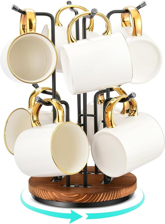 HULISEN 360° Rotating Mug Tree for Large Cups, Counter Coffee Mug Holder with 8 Hooks, Metal Coffee Cup Rack Stand for Countertop with Stable Wooden Base, Kitchen Counter Decor