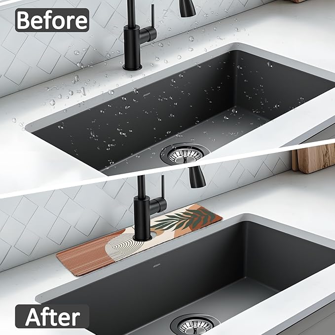 2PCS 15" X 5.5" Kitchen Sink Splash Guard Faucet Mat Boho Super Absorbent Fast Drying Faucet Guard & Draining Mat Sink Splash Guard Behind Faucet for Kitchen, Bathroom