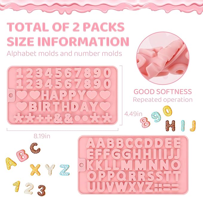 2PCS Silicone Molds for Chocolate,Number Letter Molds,Reusable Candy Molds with Happy Birthday Decorating Symbols,Mini Size Alphabet Decorating for Birthday Cake Lollipop Fondant Chocolate (Pink)
