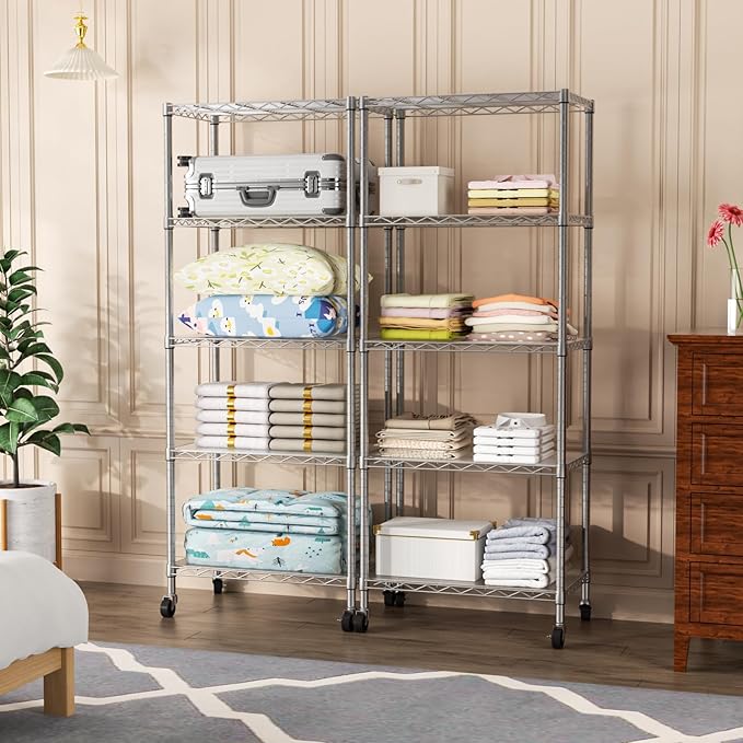 SINGAYE 5 Shelf Storage Wire Shelves Closet Bathroom Organizers Metal Pantry Kitchen Garage Shelving Unit Laundry Room Organization Home Narrow Rack Net Basket with Wheels White