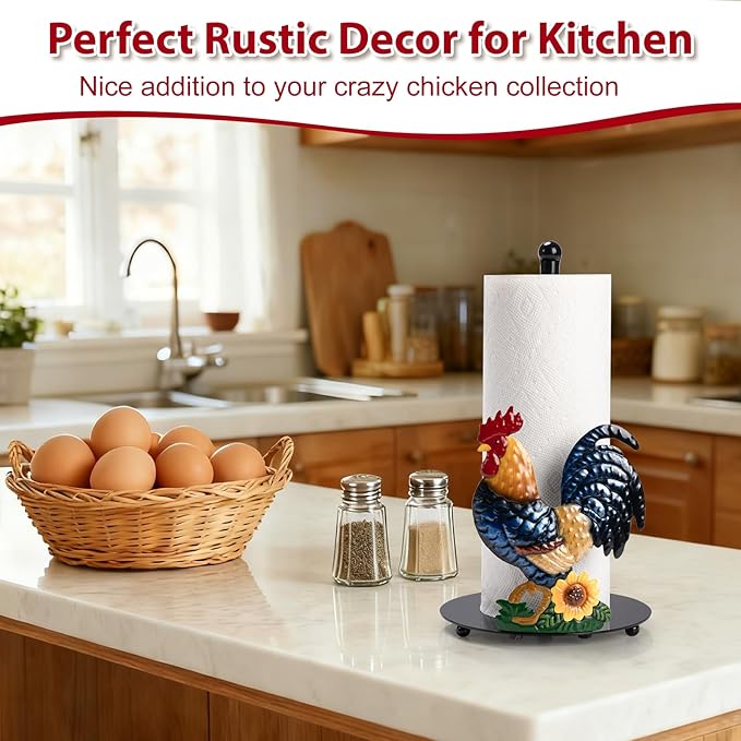 Rooster Paper Towel Holder Countertop - Sunflower & Chicken Farmhouse Kitchen Decor and Accessories, Rustic Housewarming Gift for Rooster & Farmhouse Enthusiasts, Weighted Base