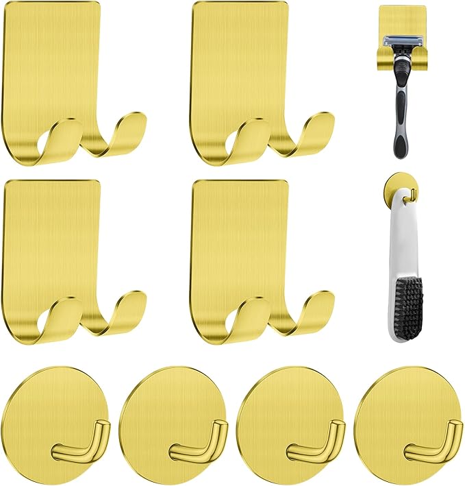 Razor Holder for Shower + Adhesive Wall Hooks, Premium 304 Stainless Steel Shower Razor Holder with Heavy Duty Waterproof Sticky Hooks for Hanging Towels, Coat, hat (4+4 Pack) - Gold
