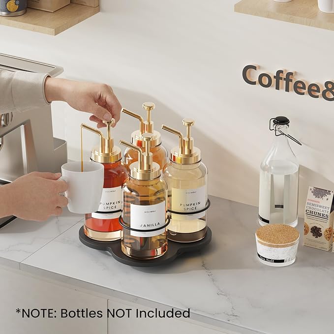 THYGIFTREE Rotating Coffee Syrup Organizer 4 Bottles Syrup Rack Dispenser16.9oz for Countertop Wood Bottle Holder Stand for Coffee Bar Station, Black