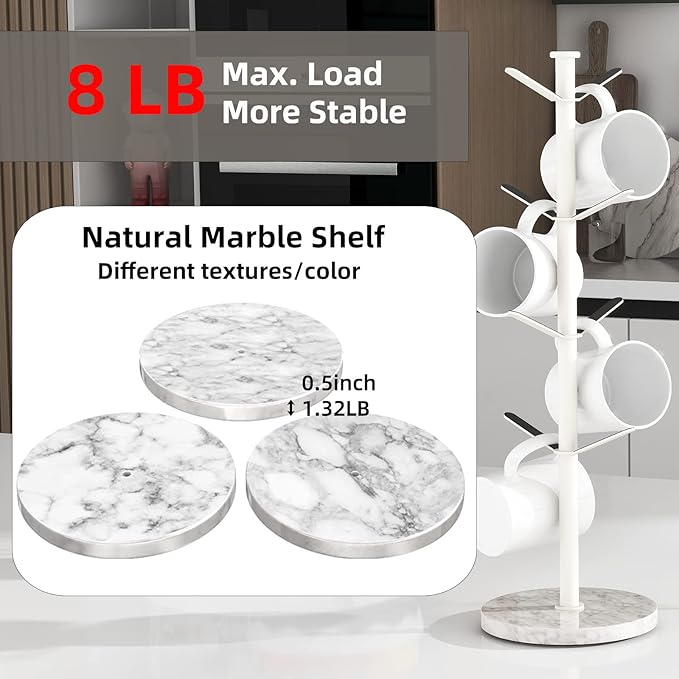 Gypie Mug Holder Tree with Marble Base, 8 Hooks White Coffee Cups Holder Stand, New Upgrad Stable Removable Mug Rack for Kitchen Cafe