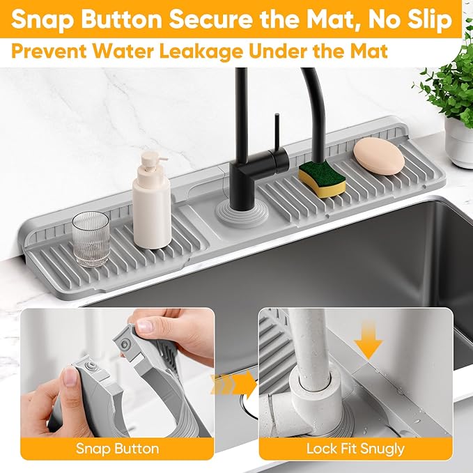 24'' Folding Faucet Mat for Kitchen Sink Splash Guard[7° Slope Fast Self-draining][Snap Lock Fit] Kitchen Sink Faucet Mat Splash Guard Kitchen Sink Area Water Splash Guard Behind Faucet Draining Mat