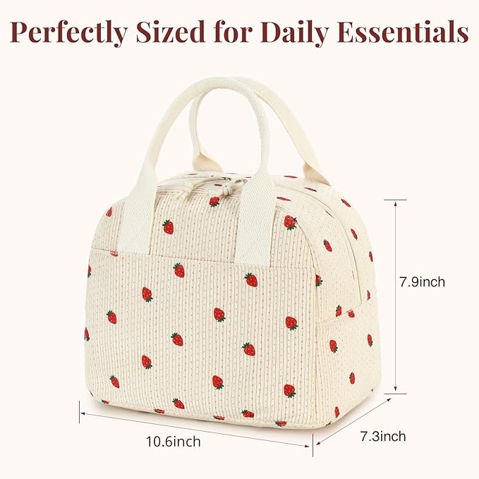 LOVELYWIND Insulated Strawberry Lunch Bag for Women, Stylish Corduroy Tote with Aluminum Lining, Large Capacity Reusable Cooler for Work, Travel, Beach or Picnic, Beige Cream Water-Resistant Lunch Box