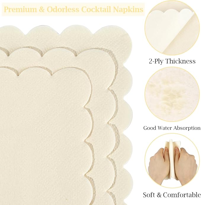 100 Pcs Cocktail Napkins, 2-Ply 5 x 5 Inches Disposable Scalloped Napkins, Thick Premium Dessert Napkins for Party, Wedding, Dinner, Birthday, Anniversary, Festival (Milky-White)