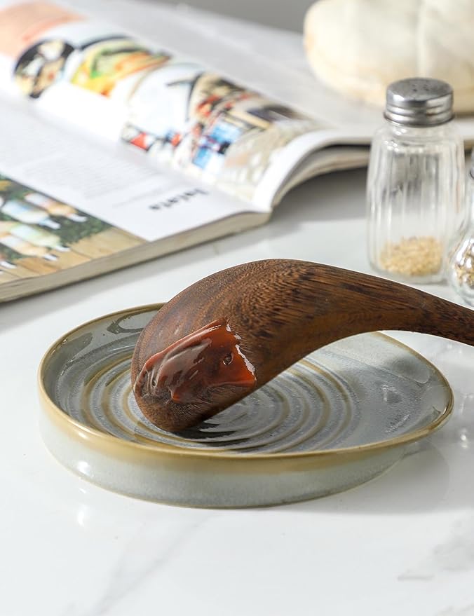 Ceramic Spoon Rest for Stove Top, Spoon Holder for Kitchen Counter, Farmhouse Cooking Utensil Holder for Spoons, Ladles, Spatula, Vintage Grey