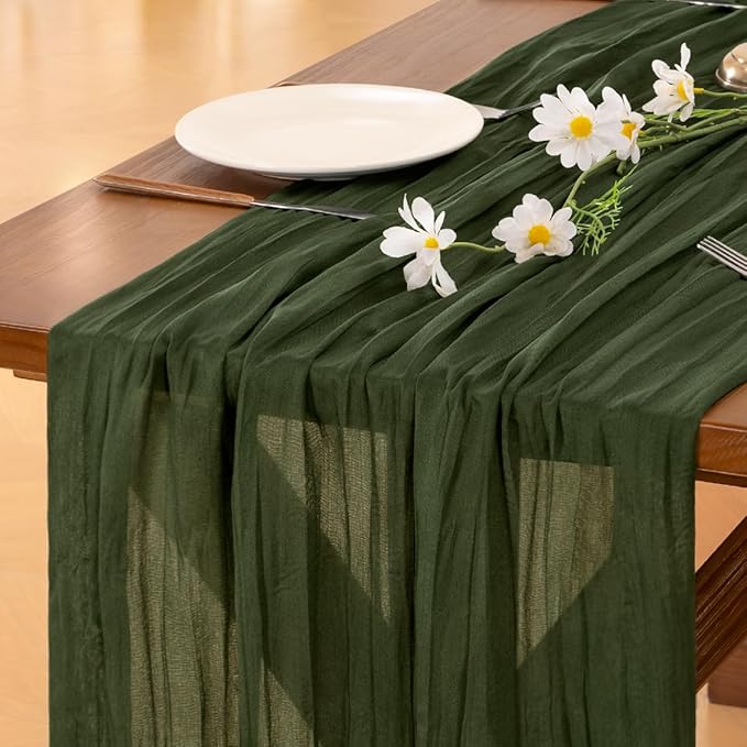 Socomi 2pcs Olive Green Summer Cheesecloth Table Runner Boho Rustic Gauze 120 inch 10FT Cheese Cloth Sheer Runner for Wedding Party Baby Shower Birthday Home Decor