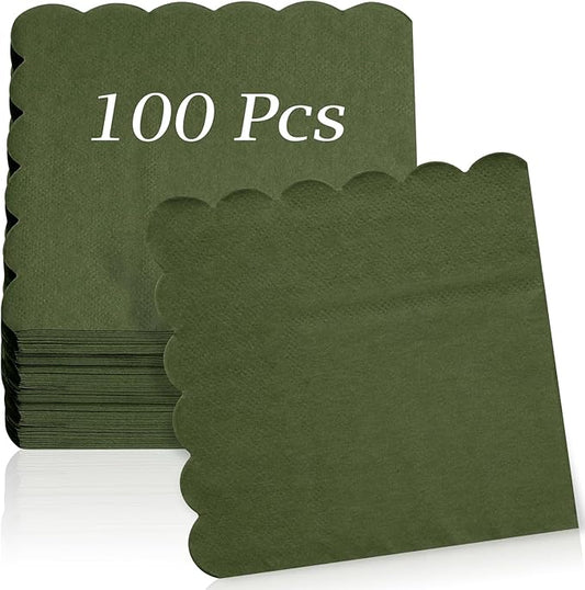 100 Pcs Cocktail Napkins, 2-Ply 5 x 5 Inches Disposable Scalloped Napkins, Thick Premium Dessert Napkins for Party, Wedding, Dinner, Birthday, Anniversary, Festival (Green)