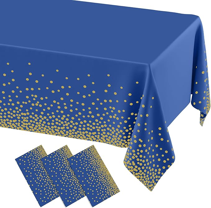 misaya 3 Packs Dot Disposable Table Cloth, 54 x 108 Inch Waterproof Plastic Tablecloth, Rectangle Gold Dots in Navy Table Covers for Picnic, Birthday, Party