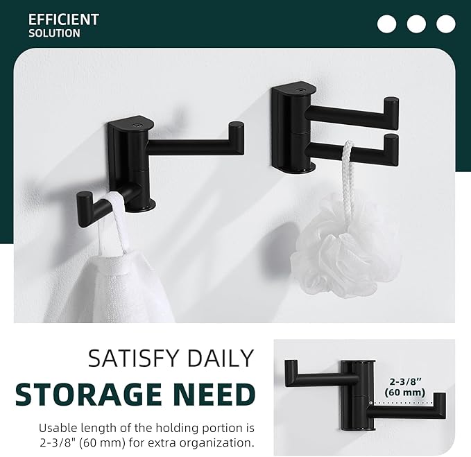 Angle Simple Swivel Towel Hook Matte Black 2 Pack, 304 Stainless Steel Double Robe Hook for Bathroom